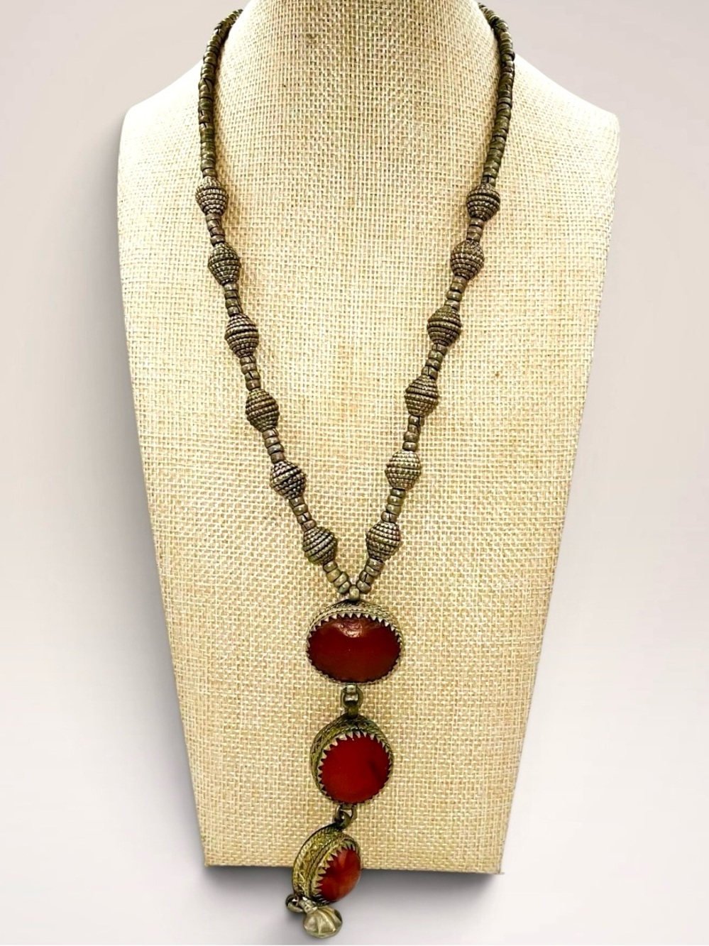 Vintage Tribal Silver Carnelian Statement Y Necklace Ethnic Estate Boho